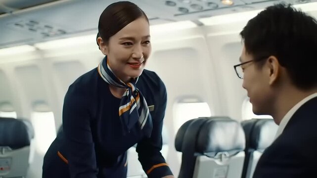 Attentive flight attendant serving coffee to passenger in airplane cabin during smooth flight, providing excellent customer experience with a smile