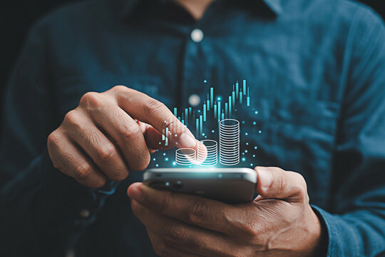 Man using mobile banking app to track investments and financial growth with digital stock market data