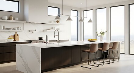 Modern kitchen interior design, bright and spacious, featuring a sleek marble island, bar stools, and expansive windows, perfect for contemporary luxury living