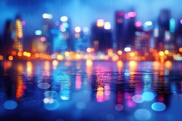 Out-of-focus night city lights on water