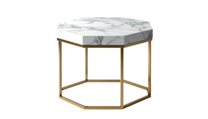 Geometric side table features a white marble top with grey veining, supported by a brushed gold metal frame.