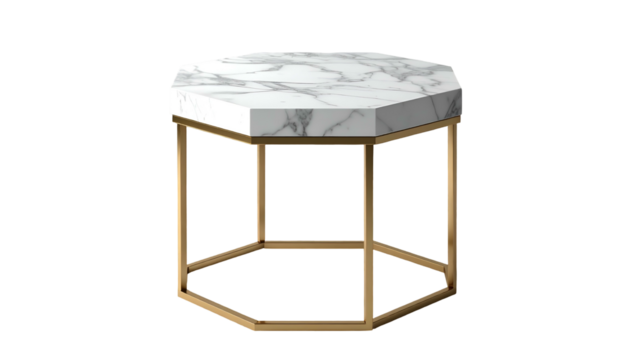 Geometric side table features a white marble top with grey veining, supported by a brushed gold metal frame.