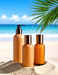 Tan bottles on beach, blue sky