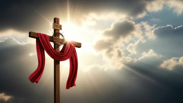 wooden cross draped with red fabric features crown of thorns and an inscribed plaque RIVI at the top Golden sun rays pierce dramatic clouds in vibrant sky