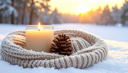 Lit candle, scarf, & pinecone on snow
