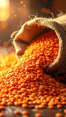 Overflowing lentils in rustic sack