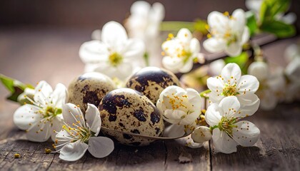 Quail eggs nestled among white blossoms