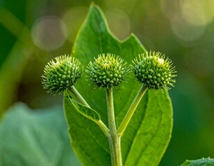 Closeup of Three Green Plant Seed Heads.