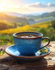 Tea cup atop rustic wooden surface