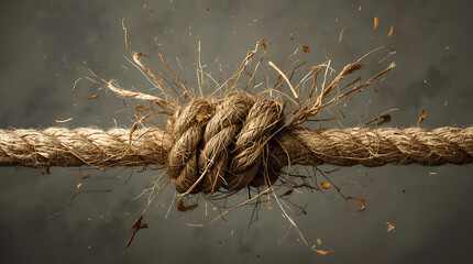 A tightly wound, frayed rope snapping with visible tension and force.
