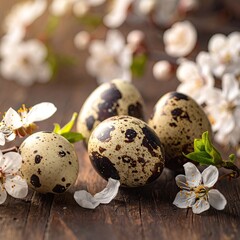 Speckled eggs amidst blooming flowers