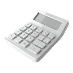 Modern white calculator with a minimalist design showcases a screen, buttons, and functionality on a dark background, presenting a concept of technology, accounting, and mathematical calculations.