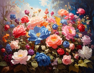 Beautiful colorful flowers, painting with roses and other blooms in full vibrant display