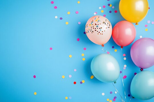 Pastel Balloons Confetti Celebrate Joyful Party Vibrant Blue Background Soft Lighting