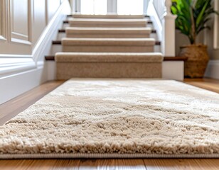 Beige hallway runner rug on wooden floor.