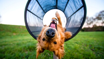 Dog peeks through a tunnel, playful on green grass
