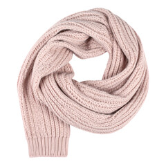 Soft, knitted scarf in a light pink color elegantly arranged against a solid black background, showcasing a comfortable, warm winter accessory. The loop of the scarf suggests a cozy, stylish piece.