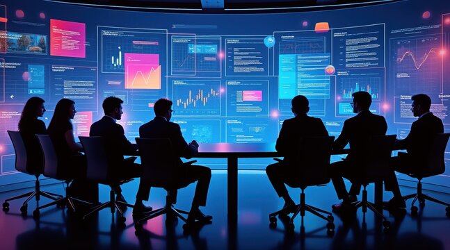 silhouettes decision meeting corporate making concept. Silhouetted team in front of digital data screens during a meeting.