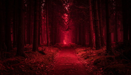Atmospheric photo of a dark red forest, eerie lighting, and creepy surreal ambiance, evoking fantasy or horror vibes in a moody autumn landscape.