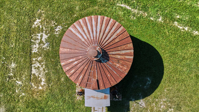Aerial View of Rusty Farm Silo Roof