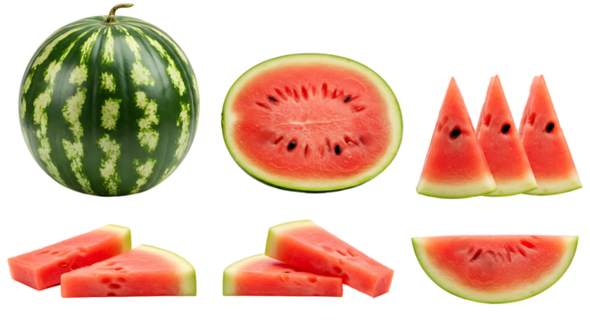 Fresh Watermelon Collection Whole, Half, and Sliced Fruit. Isolated on transparent background, png