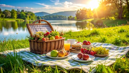 “Relaxed lakeside picnic with fresh fruit, croissants, and jam on a blanket, smiling person enjoying nature under a partly cloudy sky, forest and water in the background”