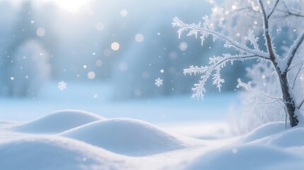 Fototapeta premium Dreamy Winter Landscape with Frosted Branches, Soft Snow, and Bokeh Lights