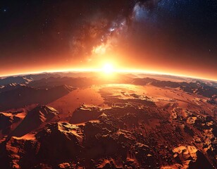 Sunrise Over Rocky Martian Landscape.