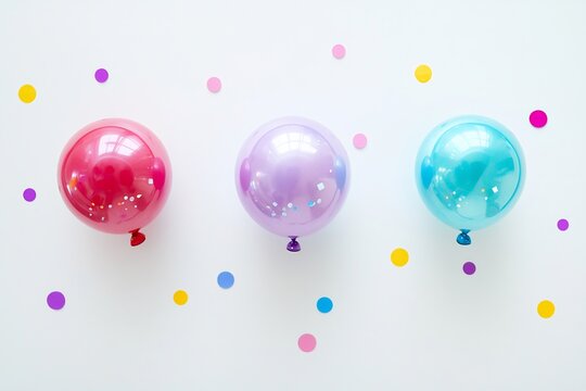 Three iridescent balloons pink purple blue celebrate a joyful party festive confetti bright colors minimalist background