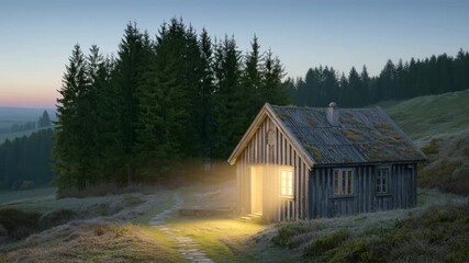 Rustic log cabin with glowing window in misty forest at dawn architecture dwelling 4K HD video.
- Powered by Adobe