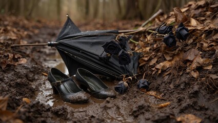 A broken black umbrella and a pair of high heels lie abandoned in the mud on a forest path