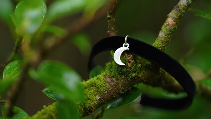 A delicate black choker necklace with a silver crescent moon charm rests on a mosscovered branch