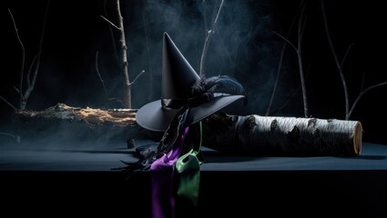 A witchs hat with purple and green fabric and feathers sits on a dark surface with a log and branches in the background