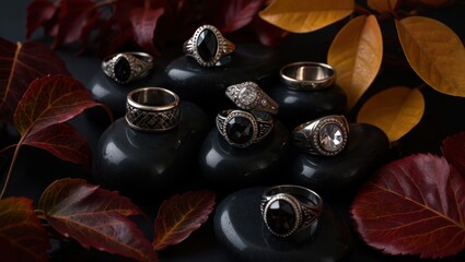 Collection of ornate gothic rings with dark gemstones, displayed on black stones with autumn leaves