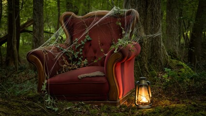 An old, ornate armchair covered in cobwebs and ivy sits in a dark, mysterious forest with a lantern glowing beside it