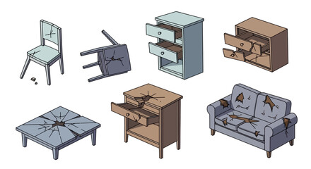 Damaged furniture set, broken chair, table, sofa, and drawers.