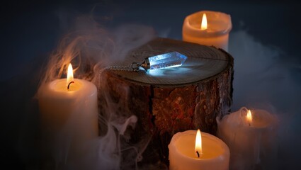 Mystical crystal pendant on a wooden stump surrounded by glowing candles and smoke