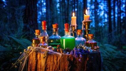 Magical potions and candles on a tree stump in a dark forest at night, creating an enchanting atmosphere