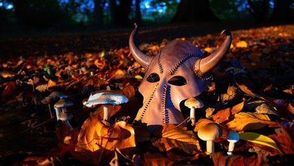 Mysterious viking mask with horns and mushrooms in autumn forest at night