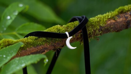 A delicate black velvet choker necklace with a crescent moon pendant rests on a mosscovered branch in nature