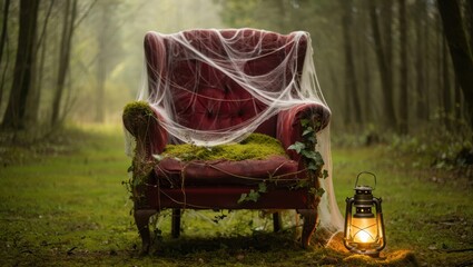 Abandoned velvet armchair covered in cobwebs and moss in a misty forest with a lantern