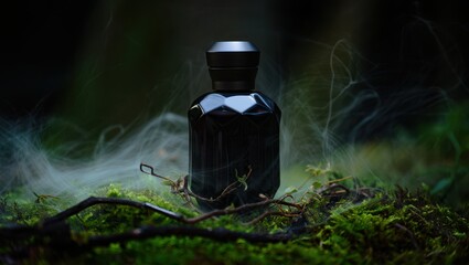 Dark glass perfume bottle with mysterious smoke in a lush forest setting