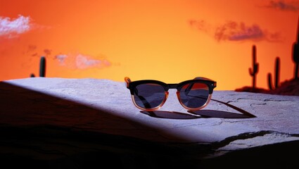 Stylish sunglasses resting on a sandy desert surface during a vibrant sunset with saguaro cacti in the background