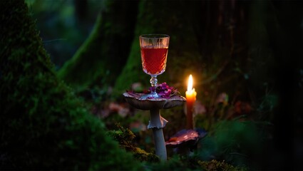 A mystical goblet of red liquid sits on a mushroom in a dark, enchanted forest with a candle burning