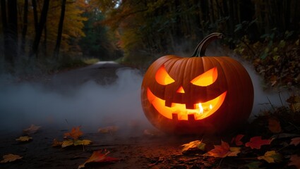 Spooky carved pumpkin glowing with a menacing face on a foggy forest road during autumn with fallen leaves