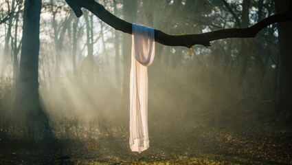 A delicate white scarf hangs from a tree branch in a misty, sunlit forest