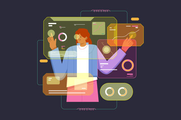 Person interacting with holographic data displays