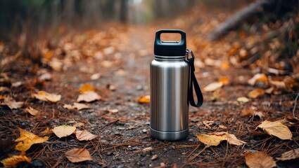 A stainless steel water bottle rests on a path covered in autumn leaves, evoking a sense of outdoor adventure and hydration