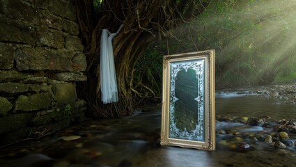 An ornate golden mirror stands in a shallow stream, reflecting the surrounding forest and a white cloth hanging from a tree