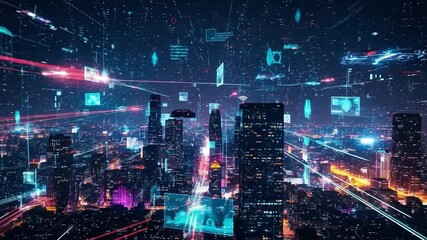 Hightech cityscape with illuminated skyscrapers overlaid with digital data streams and interface elements - Powered by Adobe